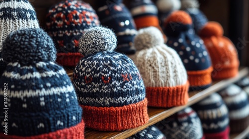 A collection of colorful, knitted winter hats with pom-poms, featuring intricate patterns in blue, white, and orange tones, neatly displayed on wooden shelves in a cozy, rustic setting photo