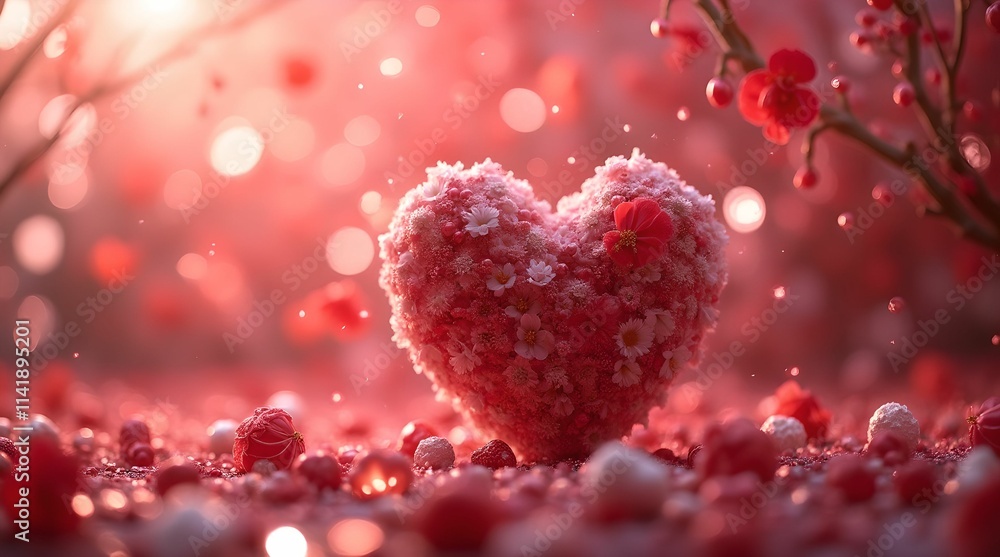 Valentine, big pink heart with flowers on blurry background. Valentine's Day concept Valentine, big pink heart with flowers on blurry background. Valentine's Day concept