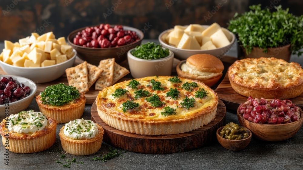 A vibrant display of freshly baked savory tarts and pies, surrounded by colorful fresh produce such as tomatoes, oranges, and greens, creating a rich, inviting, and appetizing culinary scene