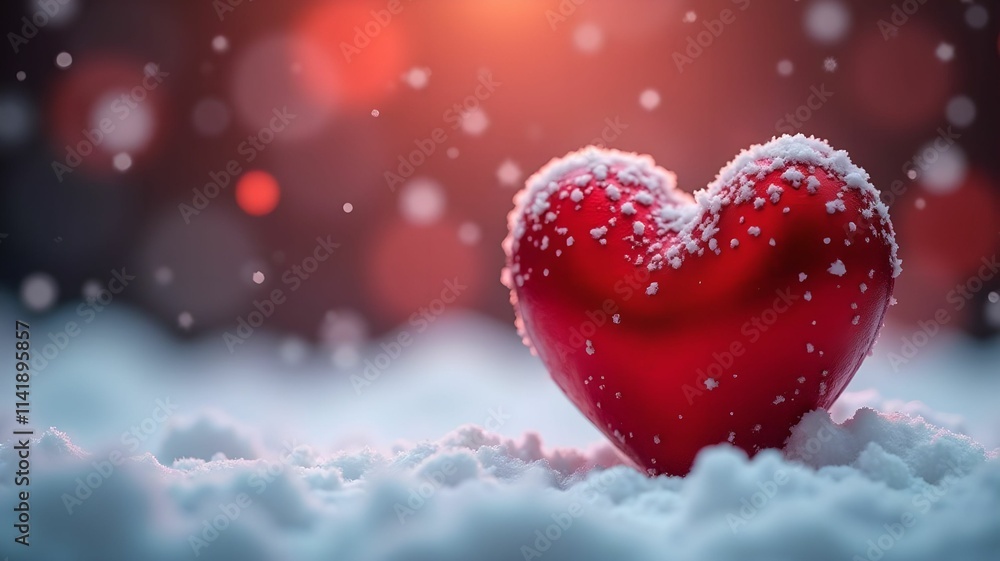 Fototapeta premium Valentine with heart on snow background and place for text, bokeh