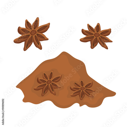 Vector set of whole anise and powder. Spice logo on white background.