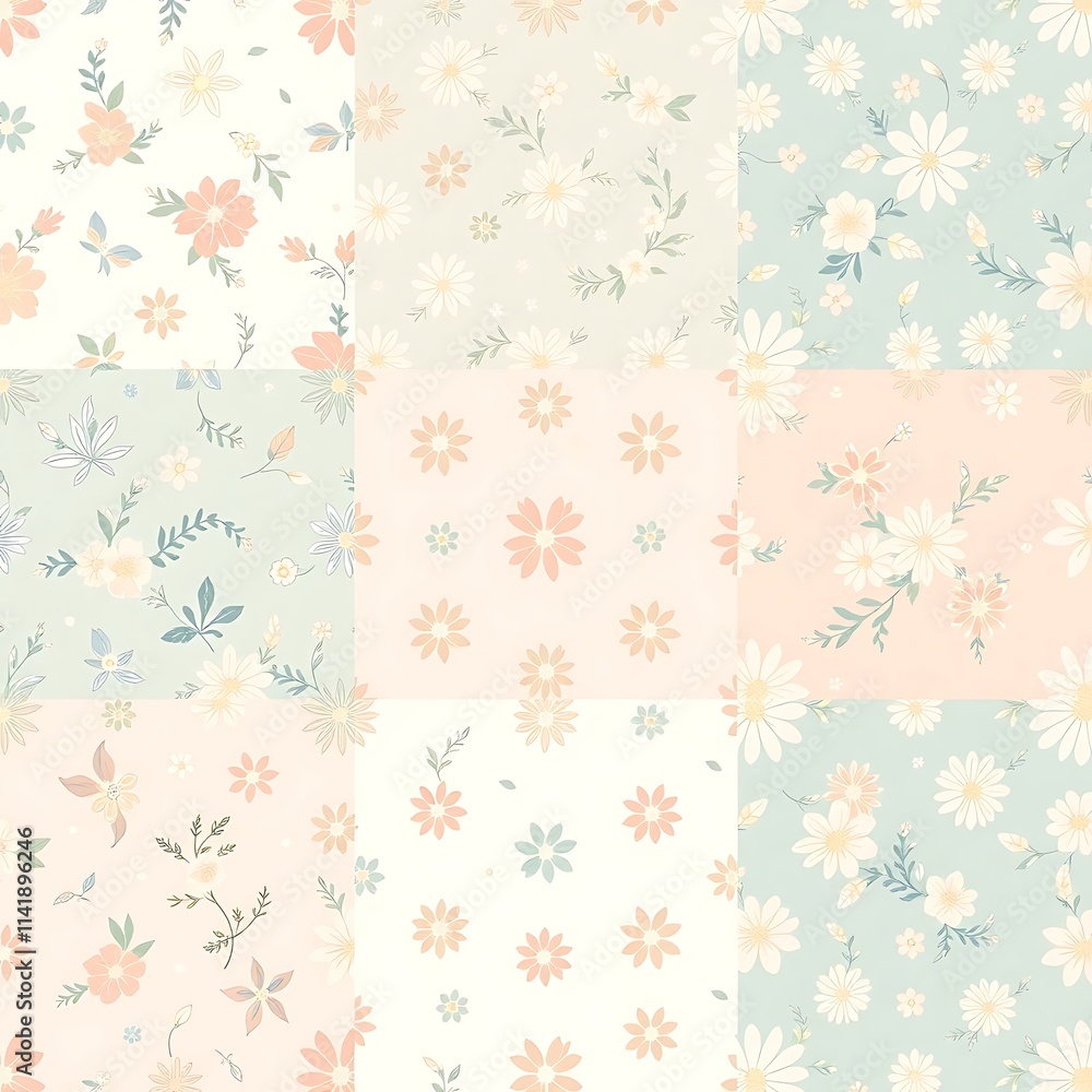 Floral Patchwork Delight: Nine charming floral patterns in pastel hues create a delightful patchwork design, perfect for crafting, textiles, and spring-themed projects. Floral Patchwork Delight: Nine charming floral patterns in pastel hues create a delightful patchwork design, perfect for crafting, textiles, and spring-themed projects.
