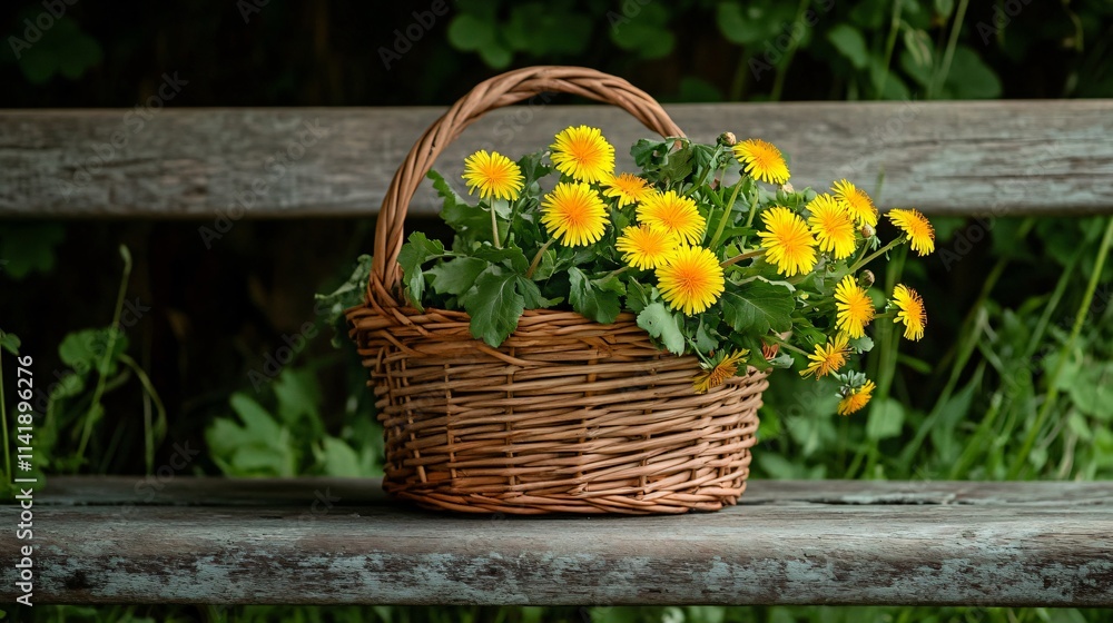 A rustic wicker basket filled with fresh dandelions and greenery, resting on a wooden bench A rustic wicker basket filled with fresh dandelions and greenery, resting on a wooden bench