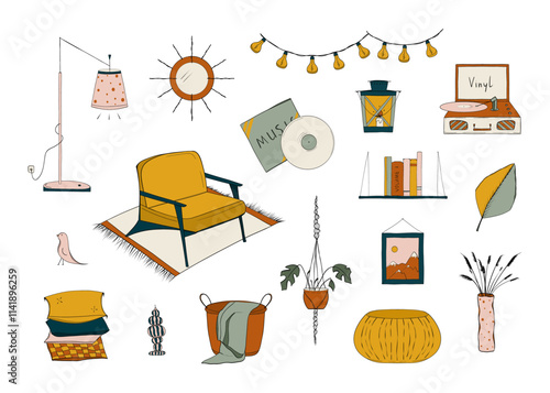 Furniture objects for a cosy interior. Armchair, lamp, blanket and other items of cosiness. Vector