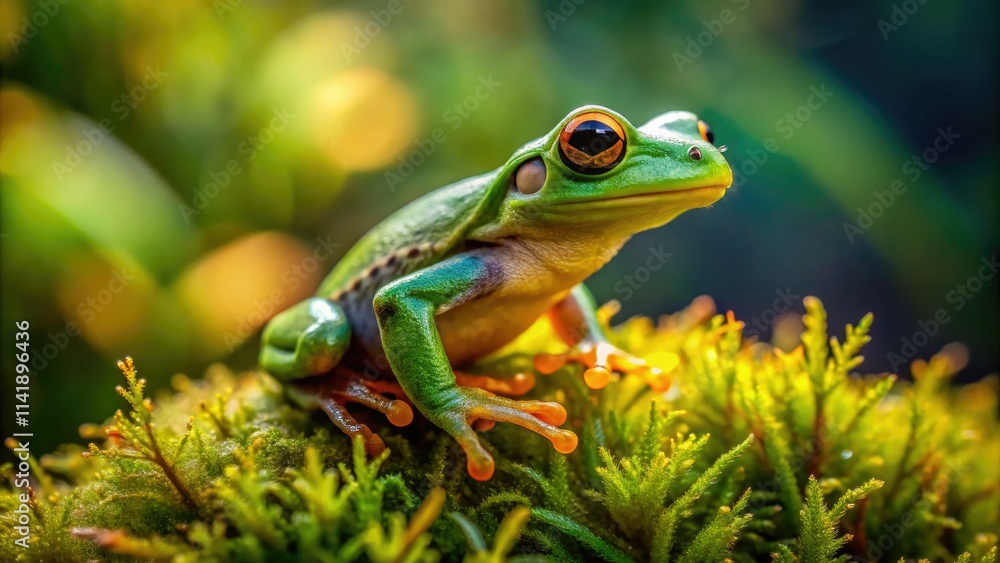 Miniature amphibian, a tree frog, perched in lush moss, captured from above by a drone. Miniature amphibian, a tree frog, perched in lush moss, captured from above by a drone.