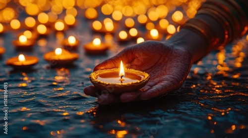 Close-up shot of a woman's hand in intricate traditional clothing, gently holding a diya that glows with warmth, surrounded by candlelight during Diwali festivities photo