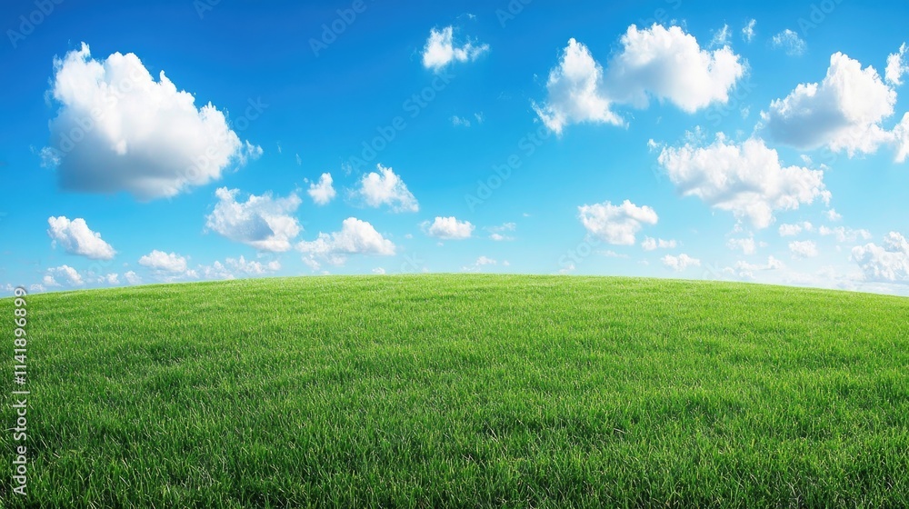 Rolling hillside of lush green grass under a vast blue sky, dotted with soft clouds, perfect for nature and landscape photography Rolling hillside of lush green grass under a vast blue sky, dotted with soft clouds, perfect for nature and landscape photography