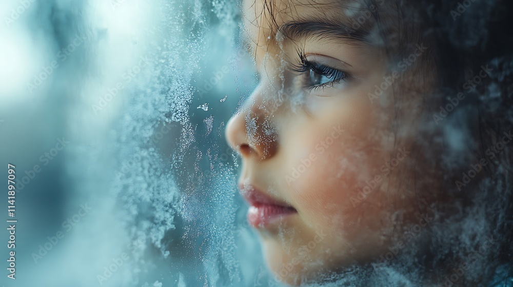 Child Gazing Through A Frosty Window Pane