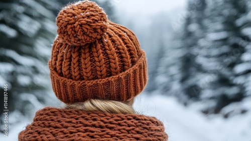 A cozy winter scene featuring a woman wearing a warm, chunky brown knit hat and matching scarf, standing on a snow-covered path surrounded by tall evergreen trees dusted with fresh snow