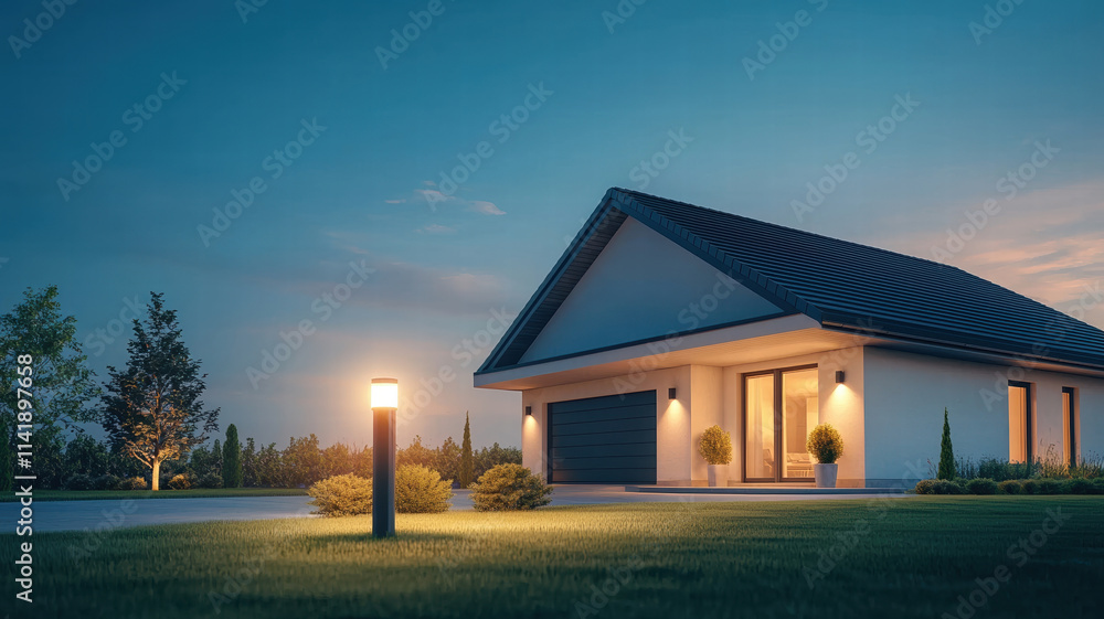 modern house illuminated by floodlight at dusk, showcasing serene backyard with well maintained landscaping and clear sky modern house illuminated by floodlight at dusk, showcasing serene backyard with well maintained landscaping and clear sky