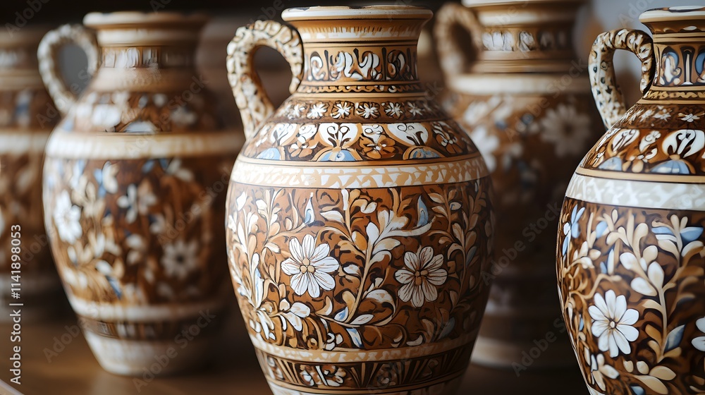 Intricately designed Greek amphora with delicate floral motifs, representing the rich artistic heritage of classical Greece Intricately designed Greek amphora with delicate floral motifs, representing the rich artistic heritage of classical Greece