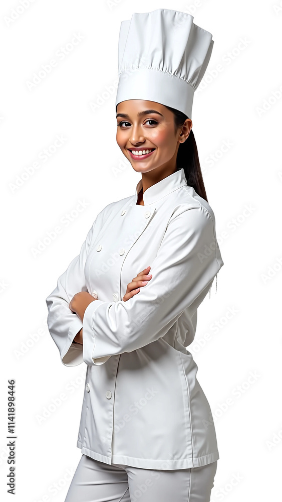 Smiling Female Indian Chef. Cut out, white background, png Smiling Female Indian Chef. Cut out, white background, png