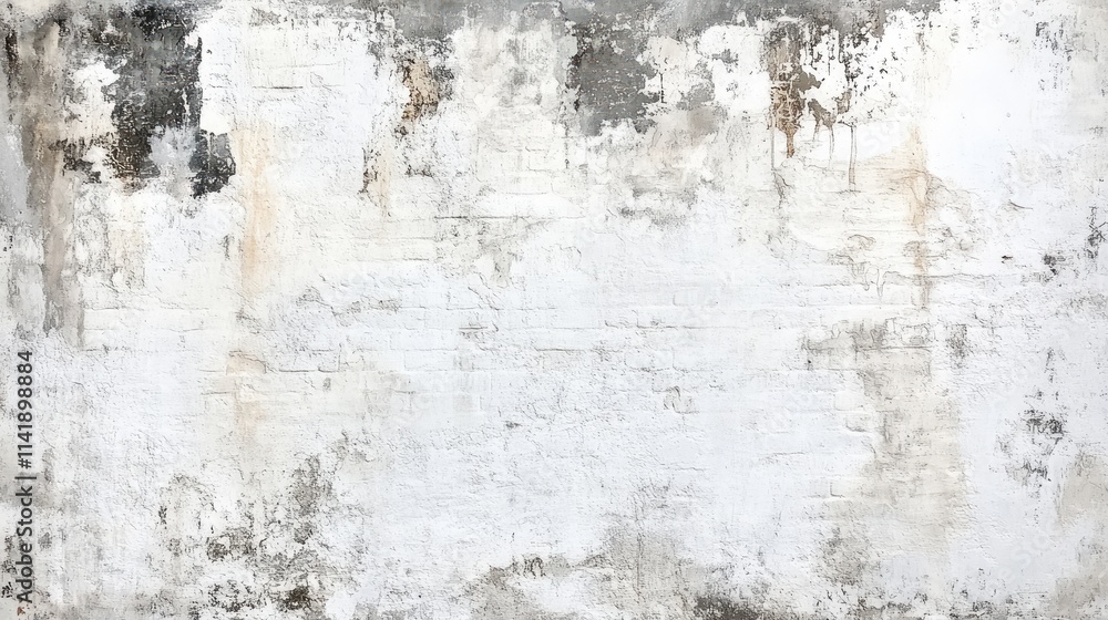 Fototapeta premium Weathered white brick wall with subtle light gray stains and abstract texture patterns, showcasing a rustic background for modern room interiors