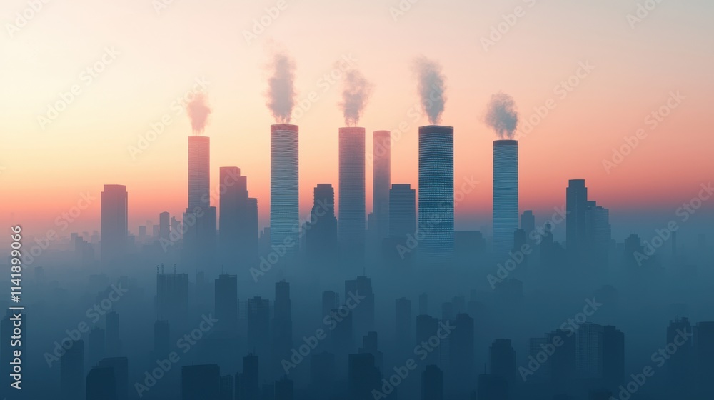 Pollution and smoke solutions, A hazy city skyline at sunrise, featuring tall buildings with smoke rising from chimneys, conveying an industrial atmosphere. Pollution and smoke solutions, A hazy city skyline at sunrise, featuring tall buildings with smoke rising from chimneys, conveying an industrial atmosphere.