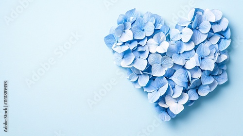 Blue flower petals arranged in a heart shape on a soft background.