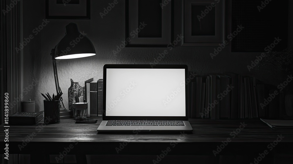 Laptop with blank screen and desk lamp in dark room Laptop with blank screen and desk lamp in dark room