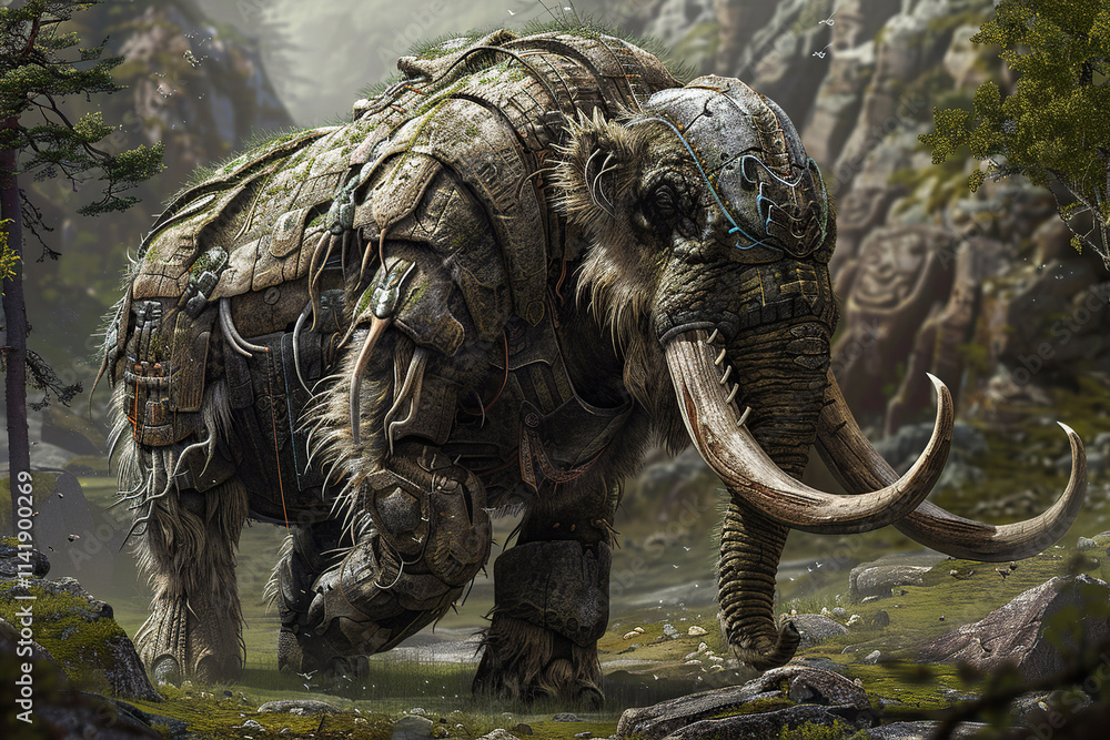 Obraz premium Fantastically majestic mammoth in its natural habitat with large tusks
