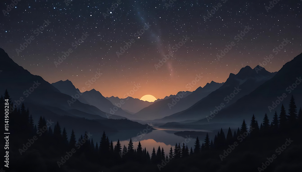 Naklejka premium Night Landscape with Mountains, Forest, and Starry Sky Reflection