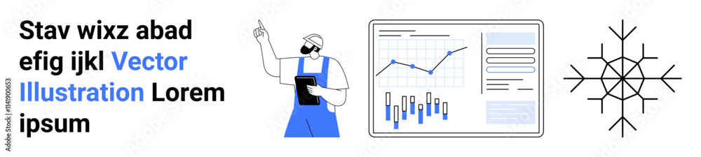 Worker with a tablet, graph and chart with data analysis, geometric shapes. Ideal for business, technology, data analysis, construction, communication, presentation, digital solutions. Landing page Worker with a tablet, graph and chart with data analysis, geometric shapes. Ideal for business, technology, data analysis, construction, communication, presentation, digital solutions. Landing page