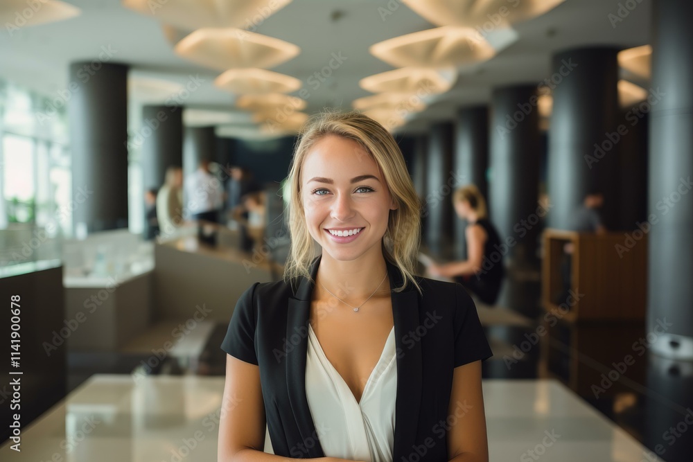 Portrait of a businesswoman smiling in a modern office lobby, colleagues working in the background Portrait of a businesswoman smiling in a modern office lobby, colleagues working in the background