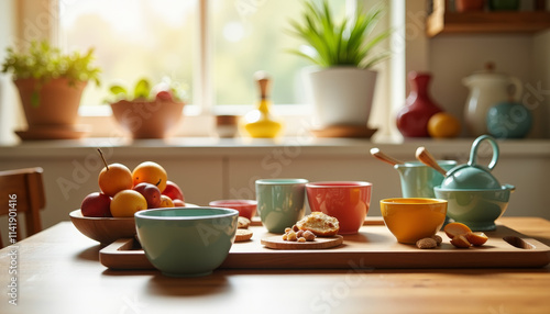 Wallpaper Mural Unusual serving of colorful bowls and fruits in a cozy kitchen setting full of warmth and charm Torontodigital.ca