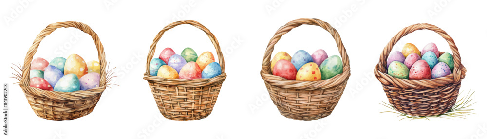set of easter basket with colorful eggs isolated on a white background set of easter basket with colorful eggs isolated on a white background