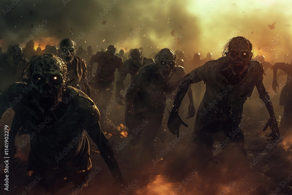 Scary sinister zombie wandering in street with dramatic lighting Scary sinister zombie wandering in street with dramatic lighting