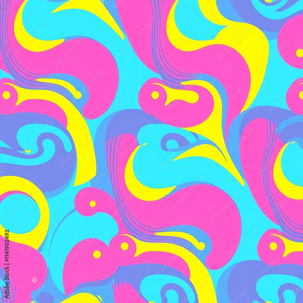 Abstract Swirls of Color: A captivating blend of vibrant pink, yellow, and blue swirls in a seamless pattern, evoking a sense of energy and movement.