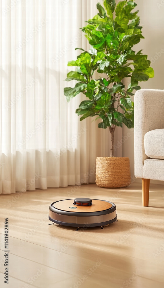 small robotic vacuum cleaner on wooden floor near potted plant and sofa, creating clean and modern living room atmosphere small robotic vacuum cleaner on wooden floor near potted plant and sofa, creating clean and modern living room atmosphere