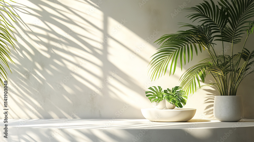 Minimalist interior with green plants casting shadows on white wall Minimalist interior with green plants casting shadows on white wall
