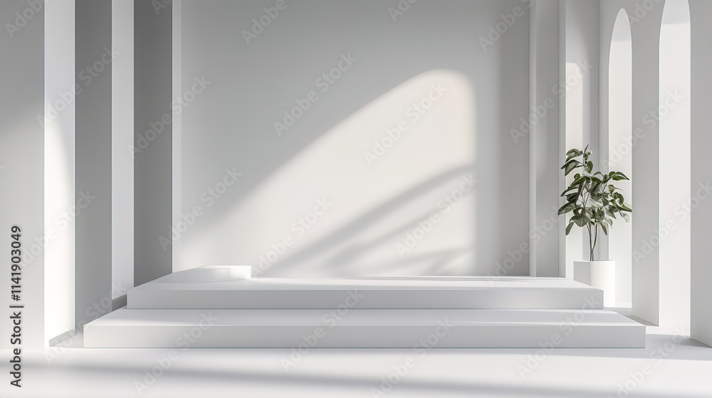 Fototapeta premium Minimalist white interior with geometric shapes and plant