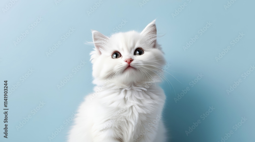 Cute white kitten with curious eyes staring up on a soft blue background. A versatile image for creative and commercial projects with a clean, minimalist aesthetic Cute white kitten with curious eyes staring up on a soft blue background. A versatile image for creative and commercial projects with a clean, minimalist aesthetic