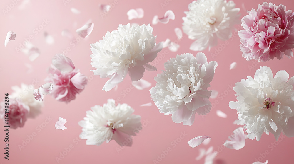 Beautiful white and pink peony flowers with petals in flight against pink background Beautiful white and pink peony flowers with petals in flight against pink background