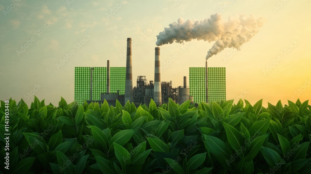 Pollution and smoke solutions, A factory emits smoke while surrounded by green plants, symbolizing the contrast between industry and nature. Pollution and smoke solutions, A factory emits smoke while surrounded by green plants, symbolizing the contrast between industry and nature.