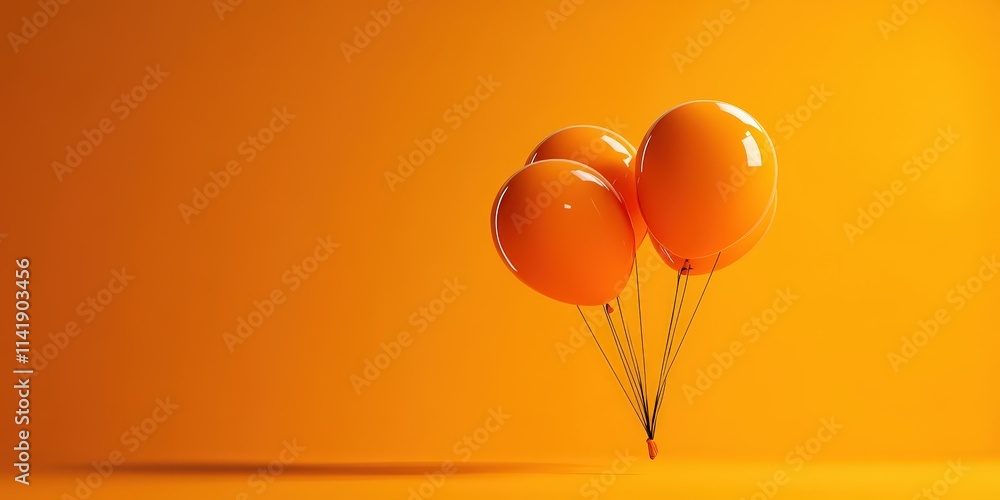 Bright Orange Balloons in a 3D Realistic Setting Against a Vibrant Yellow Background for Holidays and Celebrations Bright Orange Balloons in a 3D Realistic Setting Against a Vibrant Yellow Background for Holidays and Celebrations
