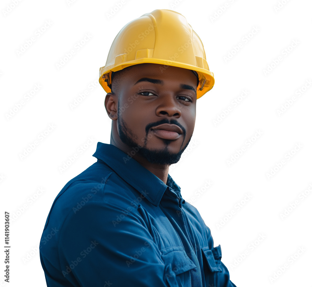 African American construction industry male worker in yellow hard hat and blue uniform isolated on white background. African American construction industry male worker in yellow hard hat and blue uniform isolated on white background.
