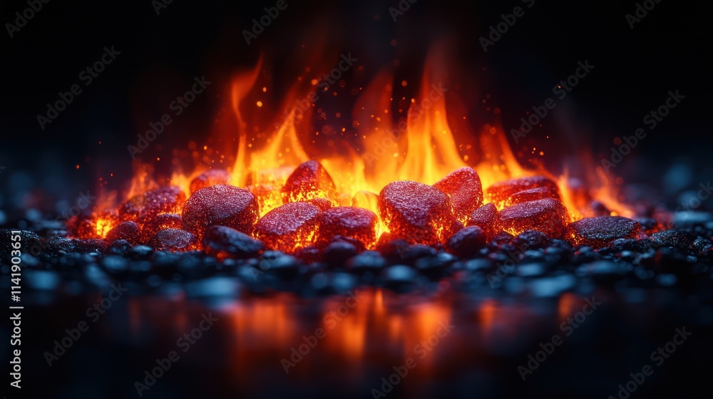 Fiery embers glowing intensely in dark background. Fiery embers glowing intensely in dark background.