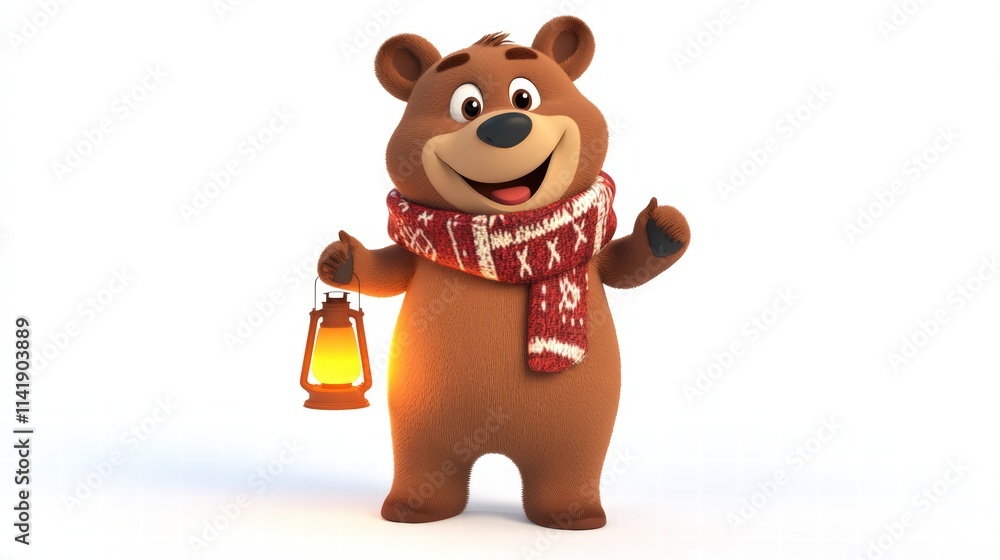 Cheerful cartoon bear holding a lantern in winter-themed scarf Cheerful cartoon bear holding a lantern in winter-themed scarf
