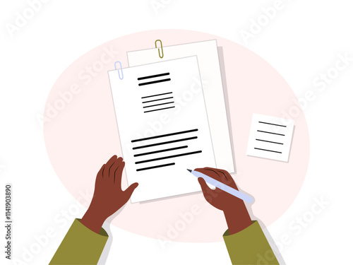 Hands holding a document and a pen. Survey, quiz, to-do list or deal concept. Vector illustration in flat style.	