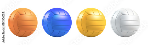Sport ball vector emoji. 3d school volleyball stuff isolated set. Realistic beach volley cartoon render of different colors, water polo game equipment. Handball item play game. Soccer football mockup