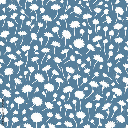 seamless pattern with white flowers, flora blue background