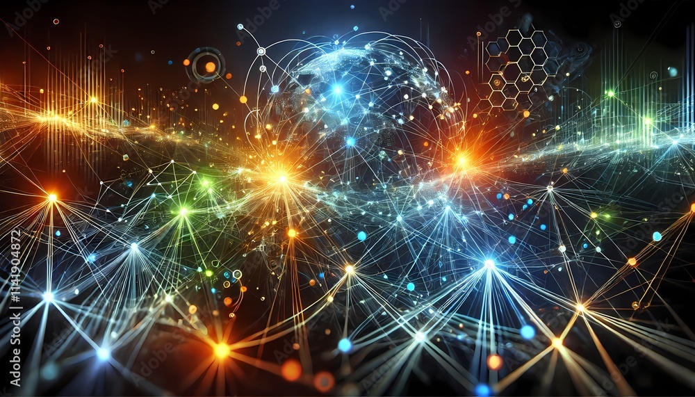A futuristic visualization of a glowing digital network with interconnected nodes and lines, symbolizing business and technological connectivity in an abstract and dynamic style A futuristic visualization of a glowing digital network with interconnected nodes and lines, symbolizing business and technological connectivity in an abstract and dynamic style