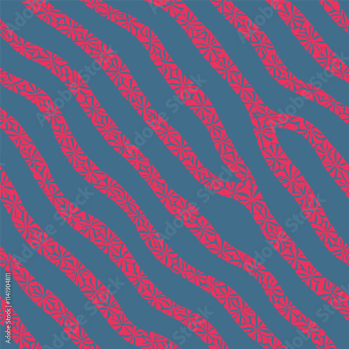 seamless pattern with red flora, blue background