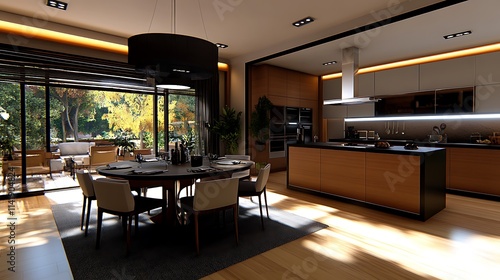 Modern Open-Plan Kitchen and Dining Area: 3D Render of a Luxurious Home AI Generated