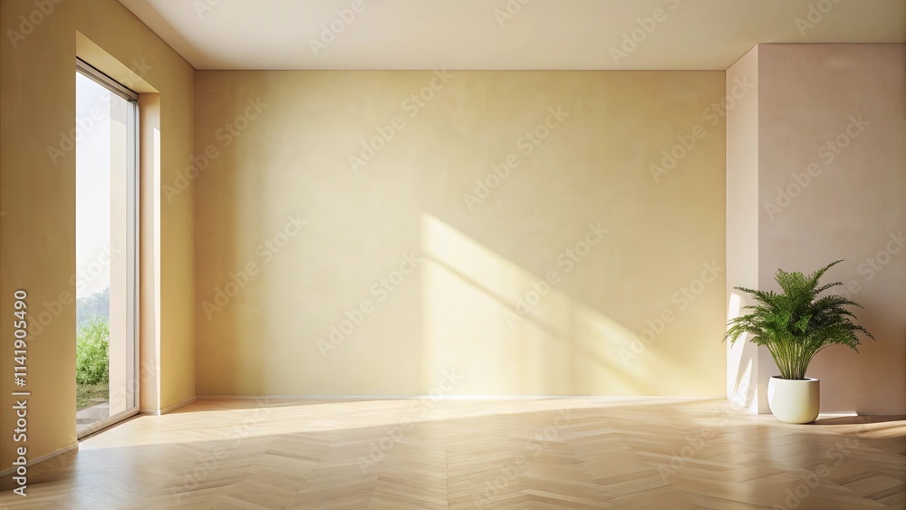 Sunlit Empty Room with Hardwood Floor and Plant Sunlit Empty Room with Hardwood Floor and Plant