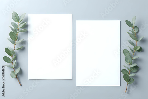 Two wedding stationery invitation cards mockup 5x7 on neutral grey background with eucalyptus leaves