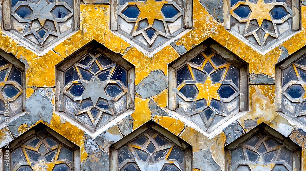 Ornate honeycomb-shaped wall with aged, yellow stone and star-patterned glass inserts. Ornate honeycomb-shaped wall with aged, yellow stone and star-patterned glass inserts.