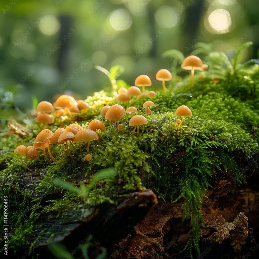 Delicate Mushrooms Growing Among Lush Green Moss in a Serene Forest Environment with Beautifully Blurred Background and Soft Natural Lighting Delicate Mushrooms Growing Among Lush Green Moss in a Serene Forest Environment with Beautifully Blurred Background and Soft Natural Lighting
