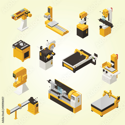 Industrial machinery icons set with technology symbols isometric isolated