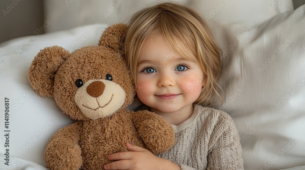 smiling girl with teddy bear in cozy setting smiling girl with teddy bear in cozy setting